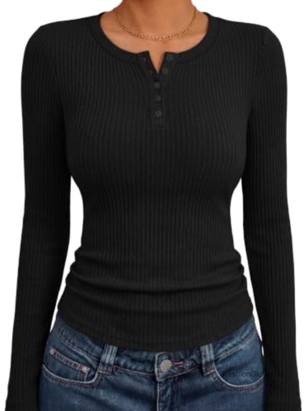 Women's Ribbed Knit Henley Top Long Sleeve Slim Fit Tee